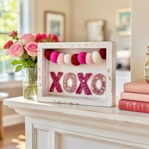 Valentine’s Day XOXO Sequin Sign With Pom Garland - 8x6 Wood Decor